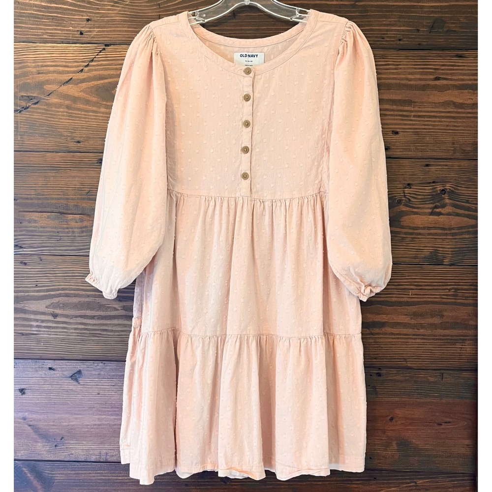 Old Navy Dress Girls‎ XL Pale Pink Peach Swiss Dot Tiered Babydoll Boho Peasant